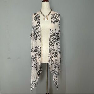 Chico’s Sheer Shrug Size M Pink with Black Floral Design Long Line Sleeveless